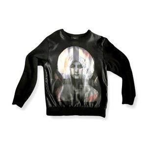 Men’s Givenchy crew neck sweater with satin Virgin Mary graphic.